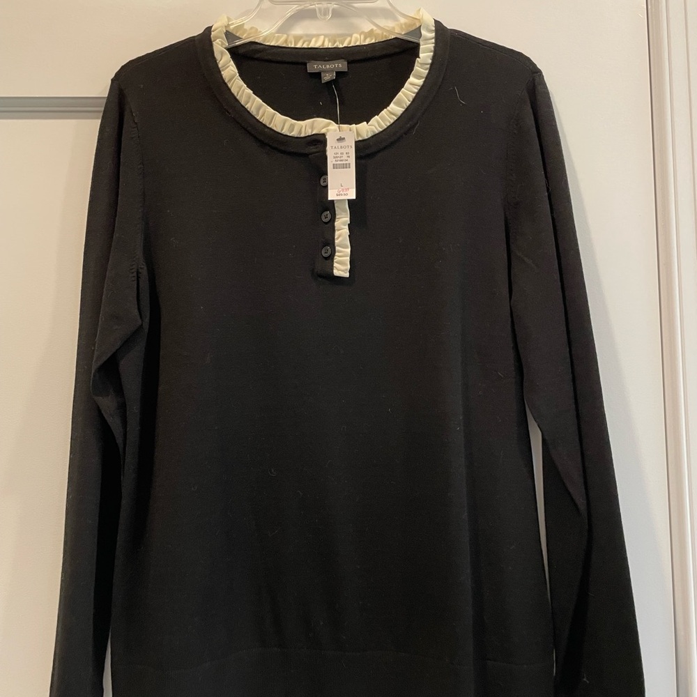 Talbots NWT Black Sweater Top with Cream Ruffle Trim L